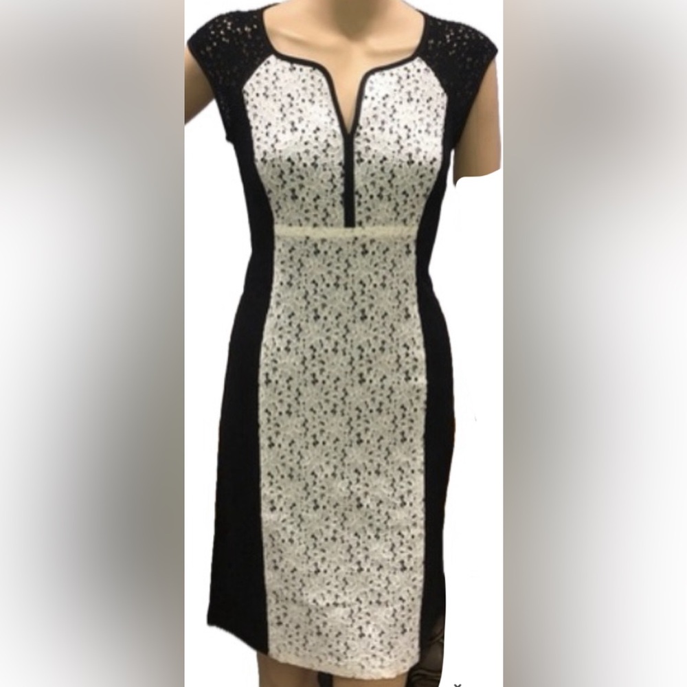 Nine West Black and White Lace Overlay Sheath Dress